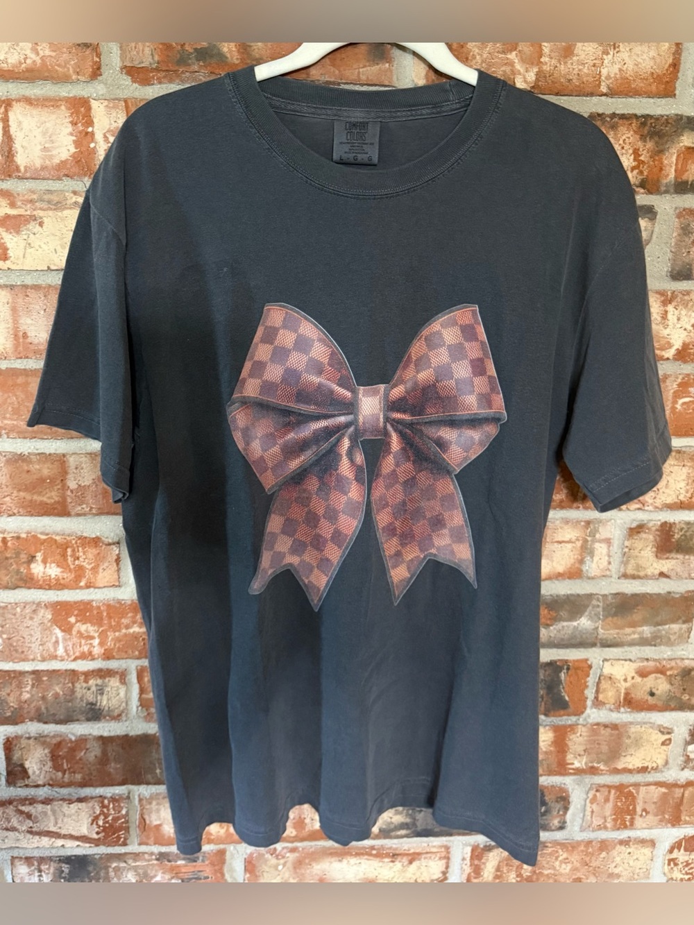 Comfort Colors Pepper Tee with Brown Checkered Bow Print